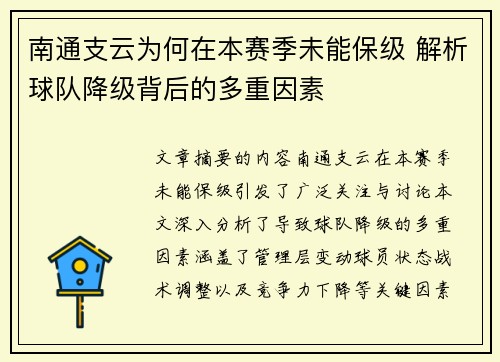 南通支云为何在本赛季未能保级 解析球队降级背后的多重因素 南通支云为何在本赛季未能保级 解析球队降级背后的多重因素
